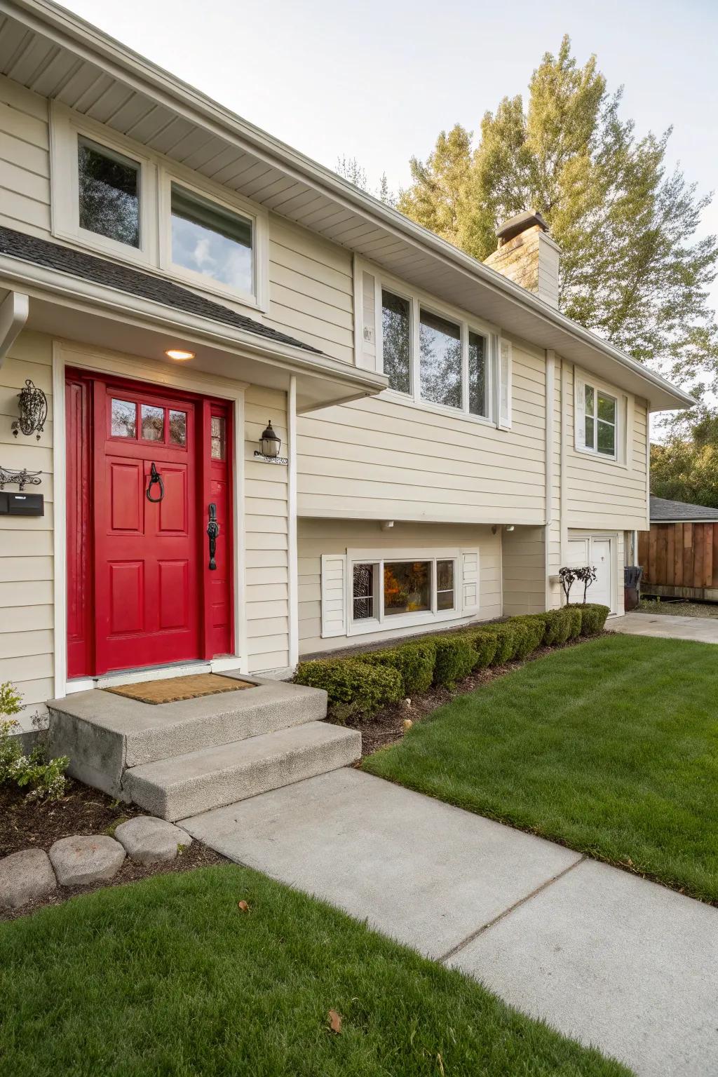 A vibrant red front door adds an eye-catching focal point to this split-level home.