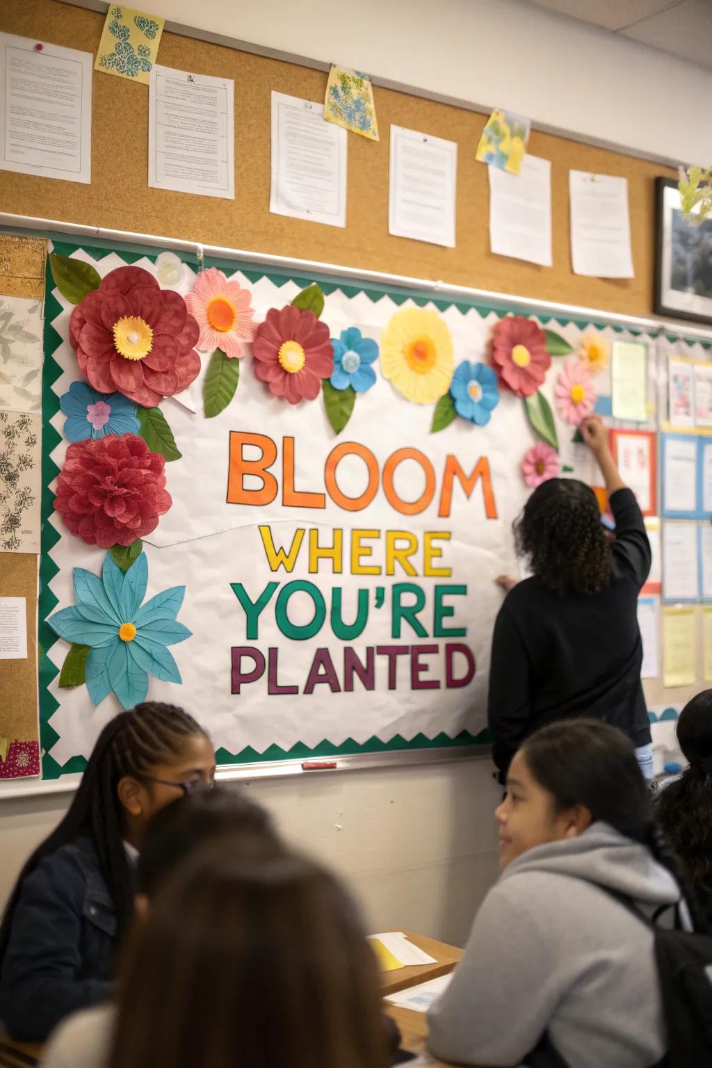 A bulletin board brimming with colorful paper flowers and an inspiring message about growth.