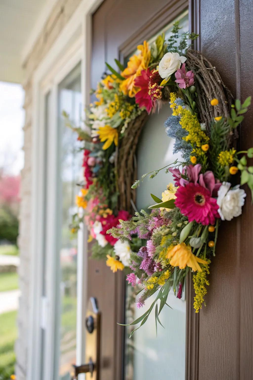 A bright floral wreath extends a spring welcome right at the door.