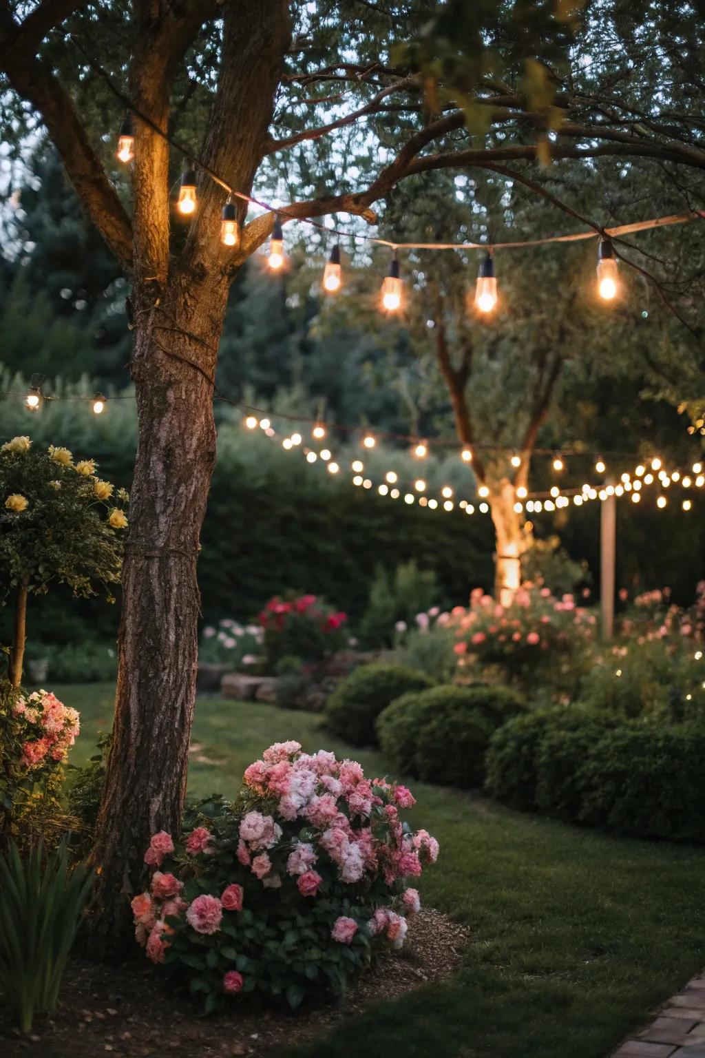 Transform your garden into a glowing wonderland with twinkling string lights.