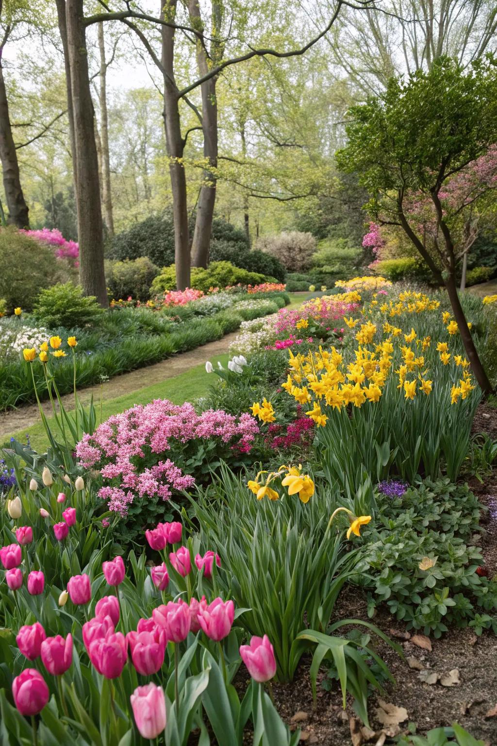 A vibrant flower bed bursting with spring colors.