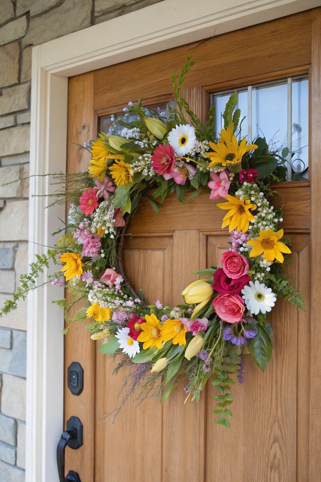 A vibrant floral wreath delivers a cheerful element to any doorway, ideally suited for springtime.