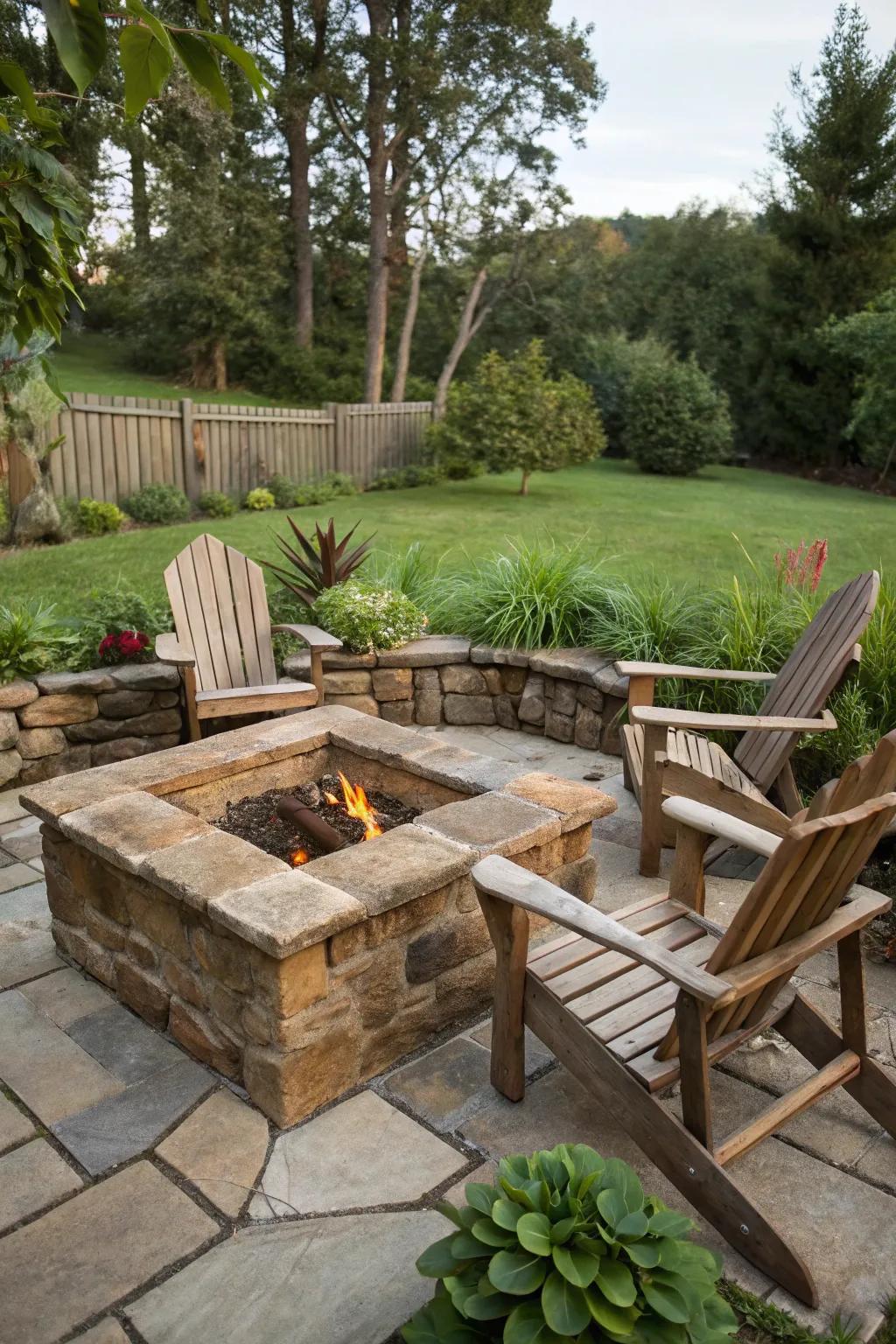 A rustic stone square fire pit infuses any garden with character.