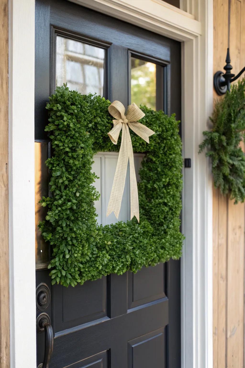 A classic boxwood square wreath warmly greets all who enter.