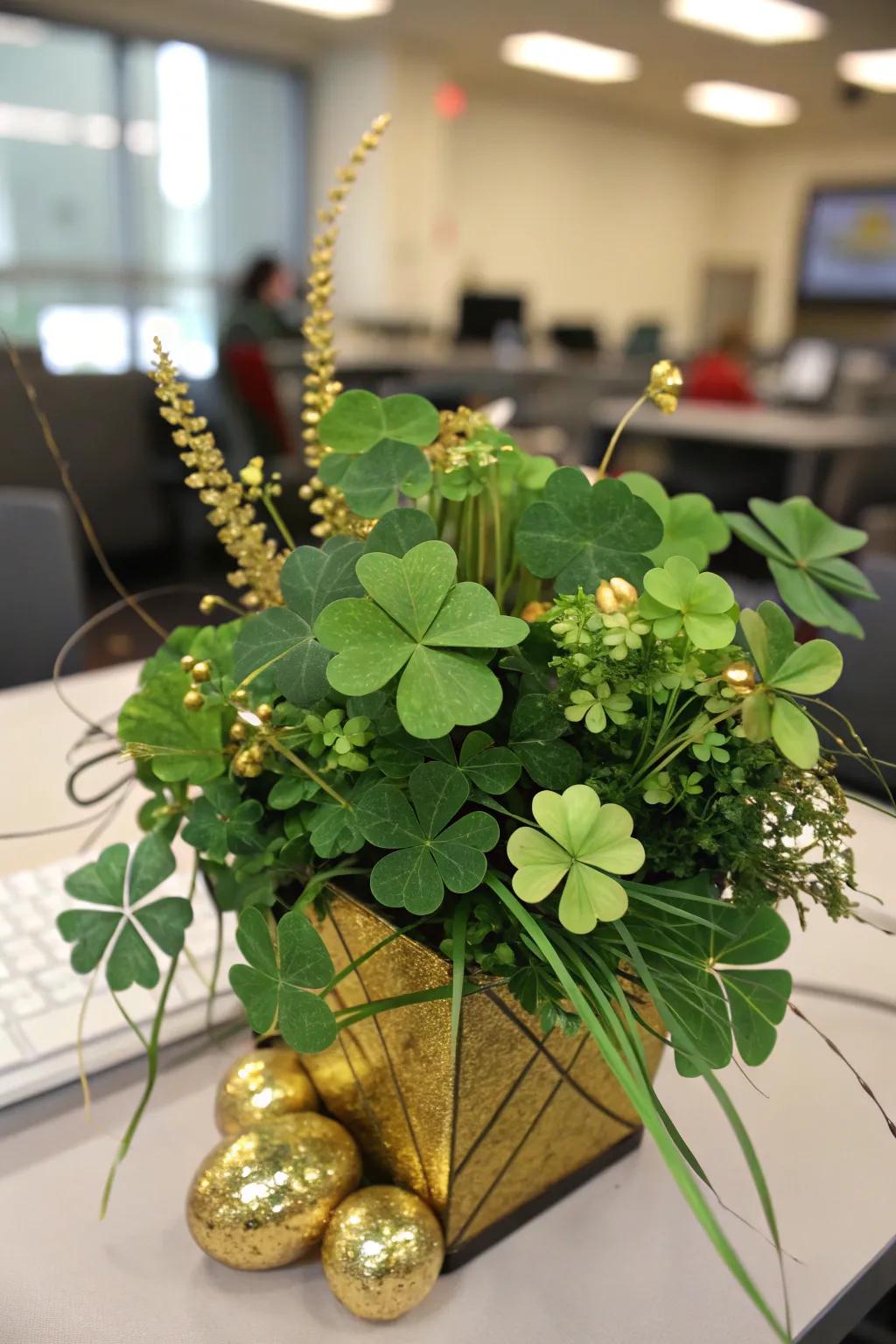 A captivating shamrock centerpiece infuses St. Patrick's joy into the workspace.