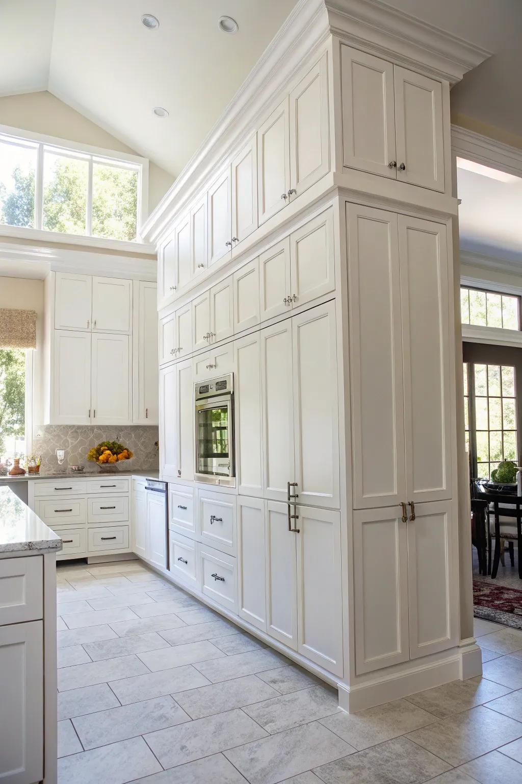 Tiered cabinets stretching gracefully to the ten-foot ceiling, offering plentiful storage possibilities.