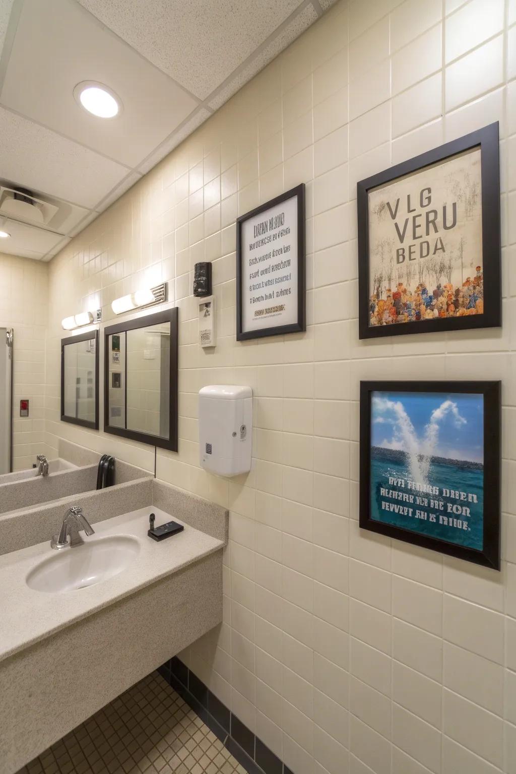 Motivational quotes framed on the walls of a staff bathroom add a positive touch.