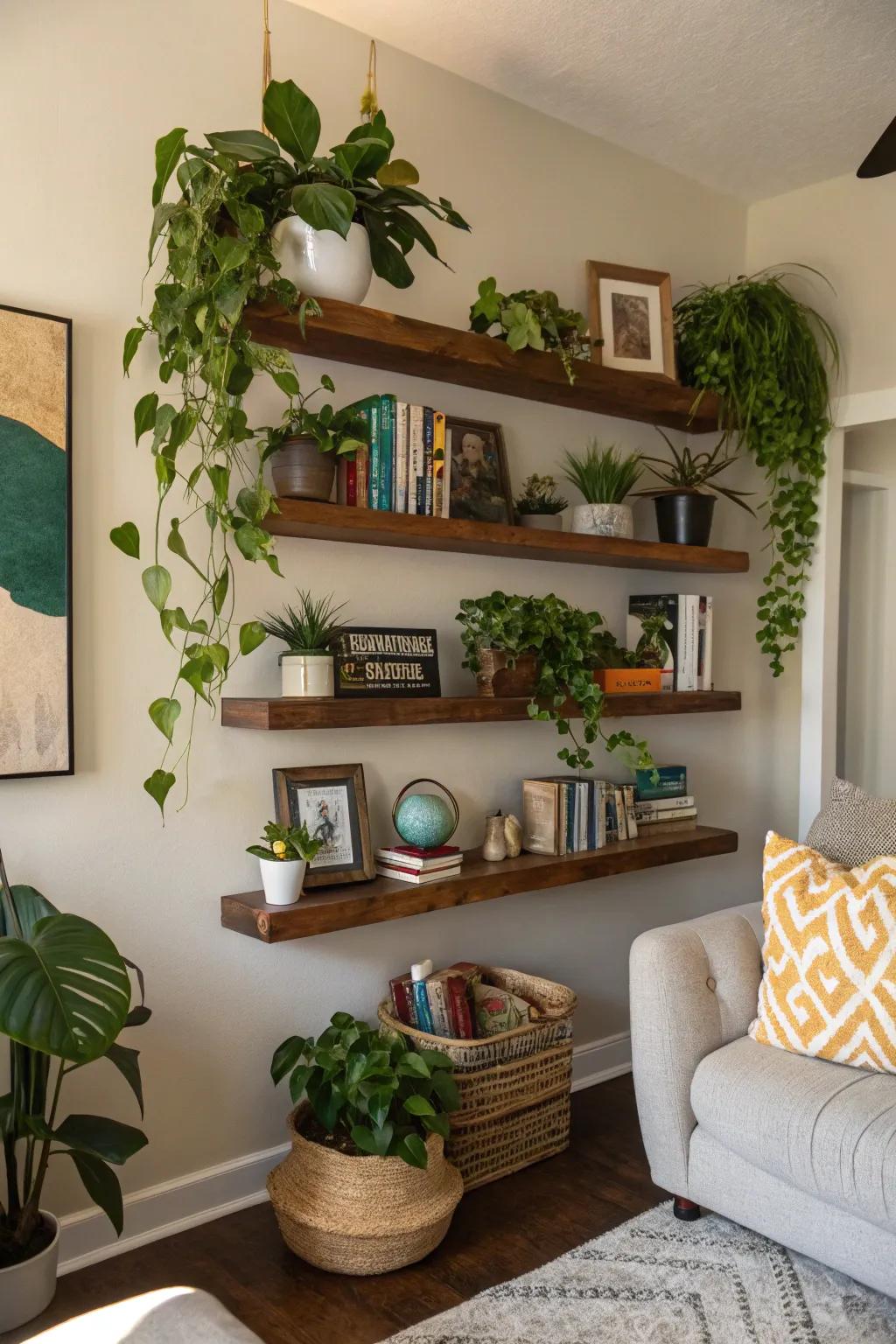 A lush retreat crafted with tiered shelving and vibrant plants.