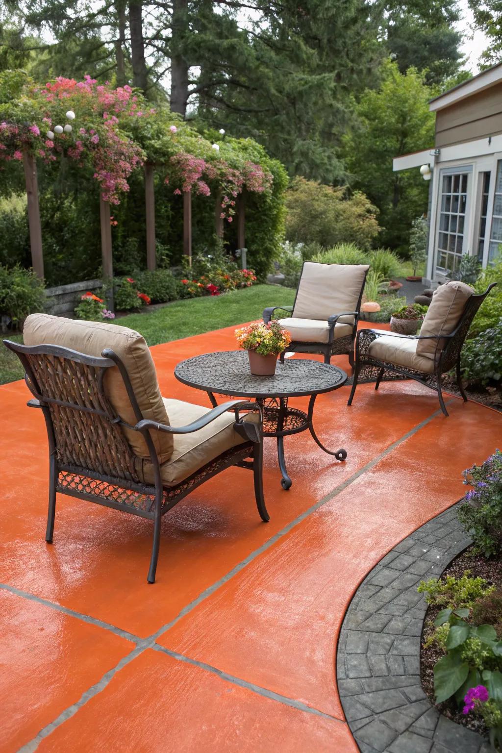 A lively orange-dyed patio that introduces a splash of color to outdoor gatherings.