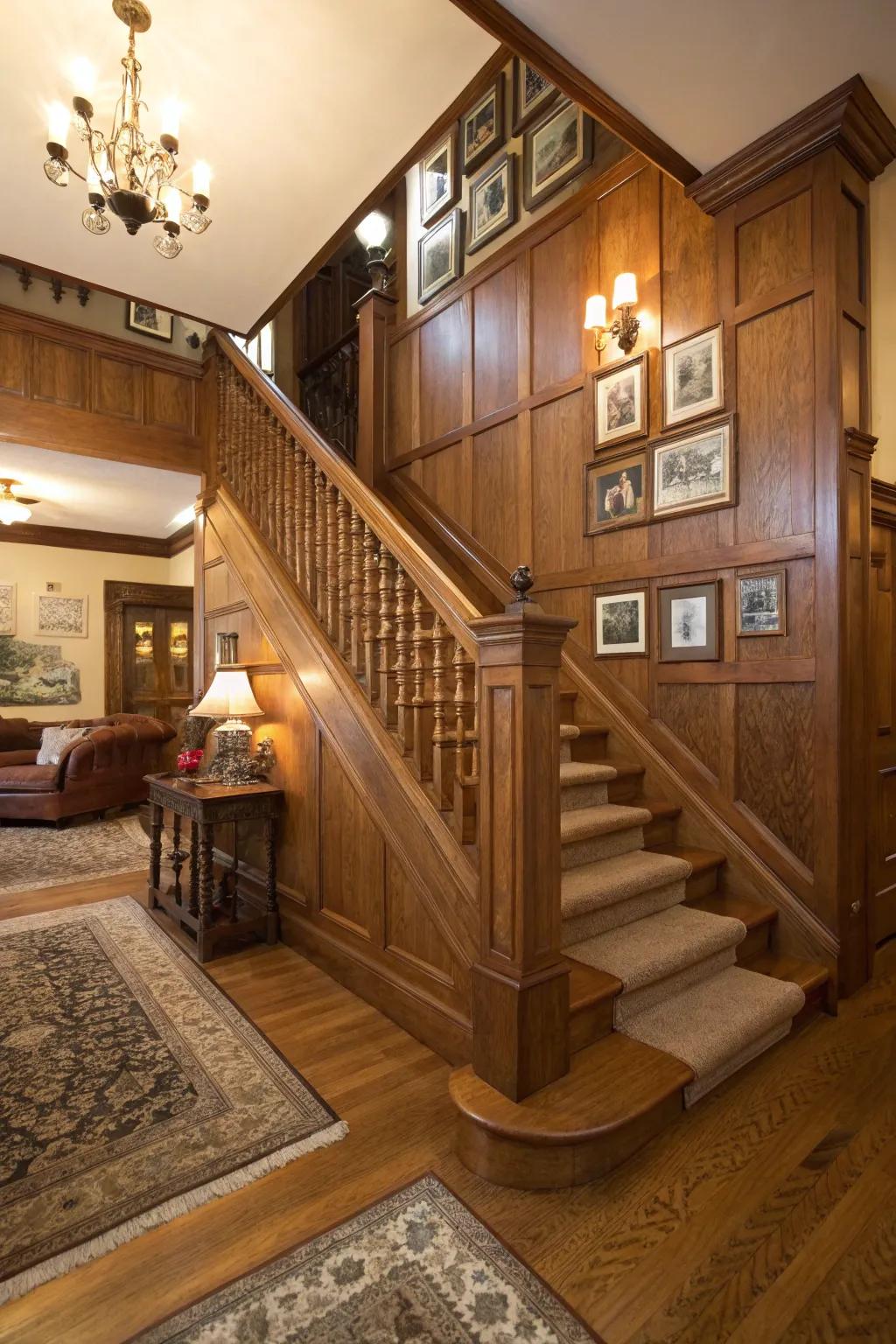 Classic wooden paneling introduces timeless sophistication to any stairway.