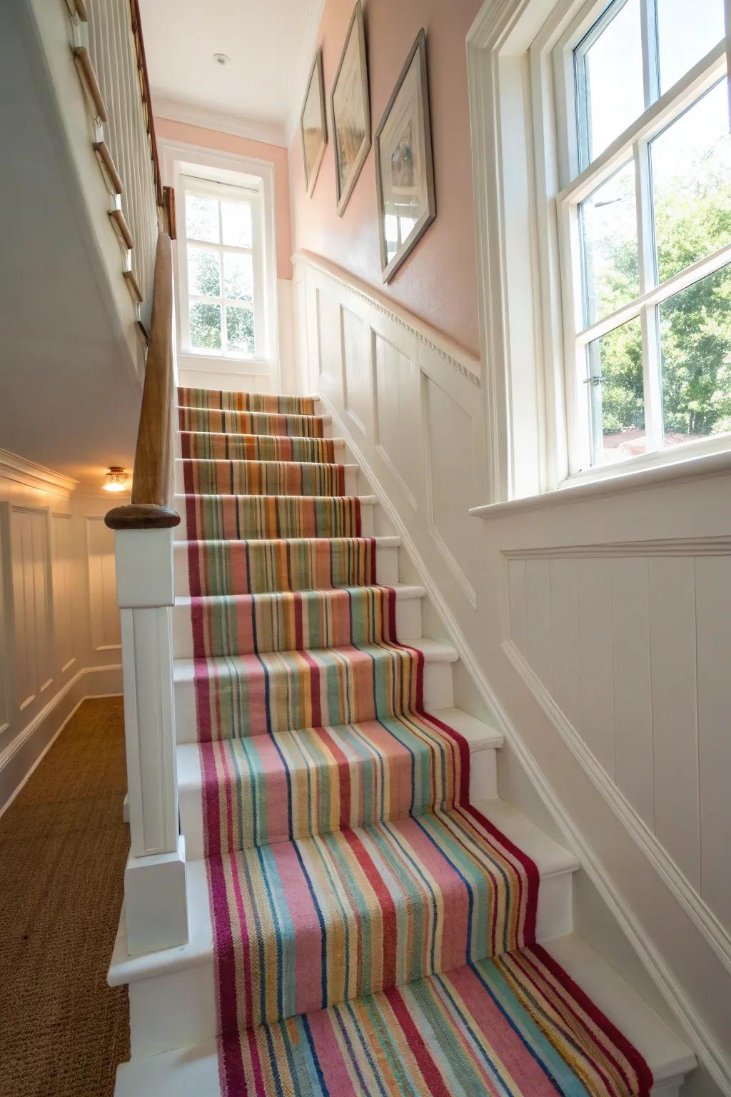 A classic striped stair runner adds timeless elegance to any staircase.