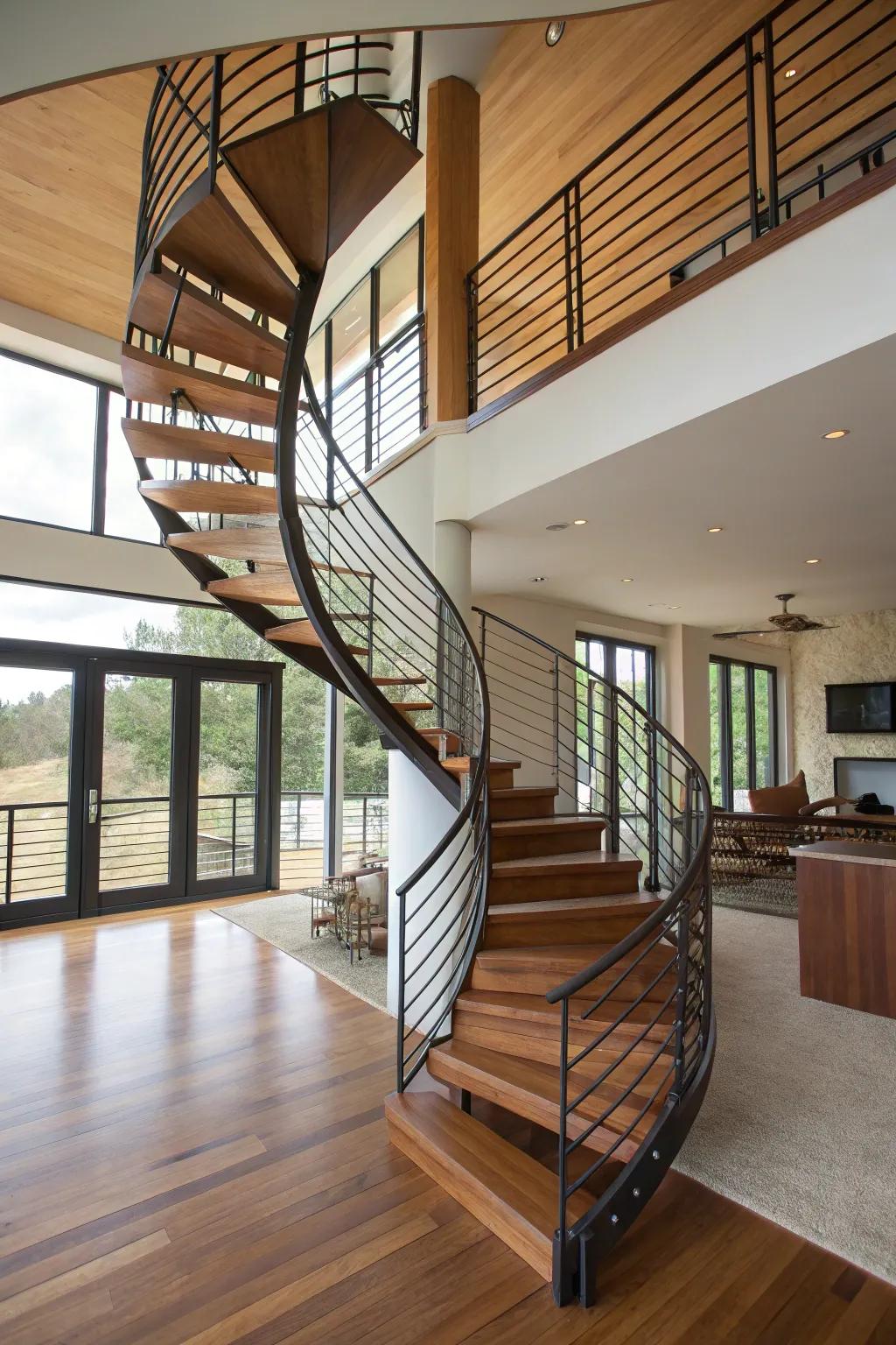 A striking spiral staircase serves as a prominent architectural element.