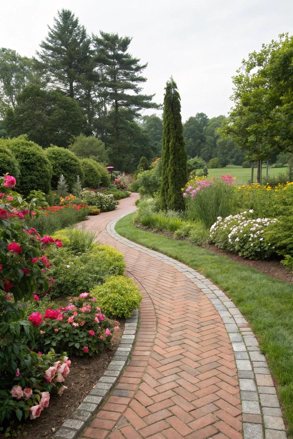 Charming garden path featuring a brick-look stamped concrete border
