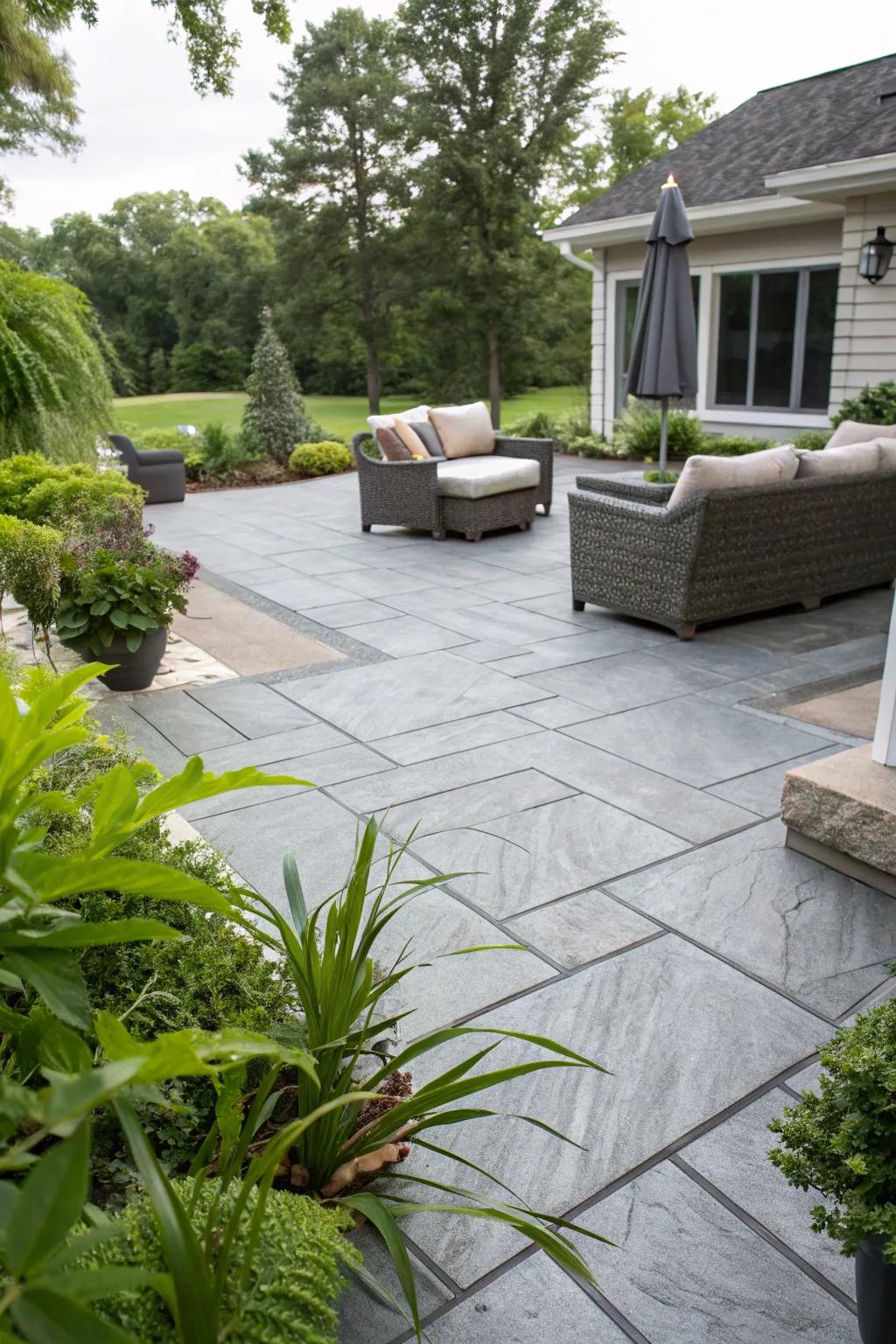 A sophisticated gray patterned concrete veranda radiating contemporary elegance.