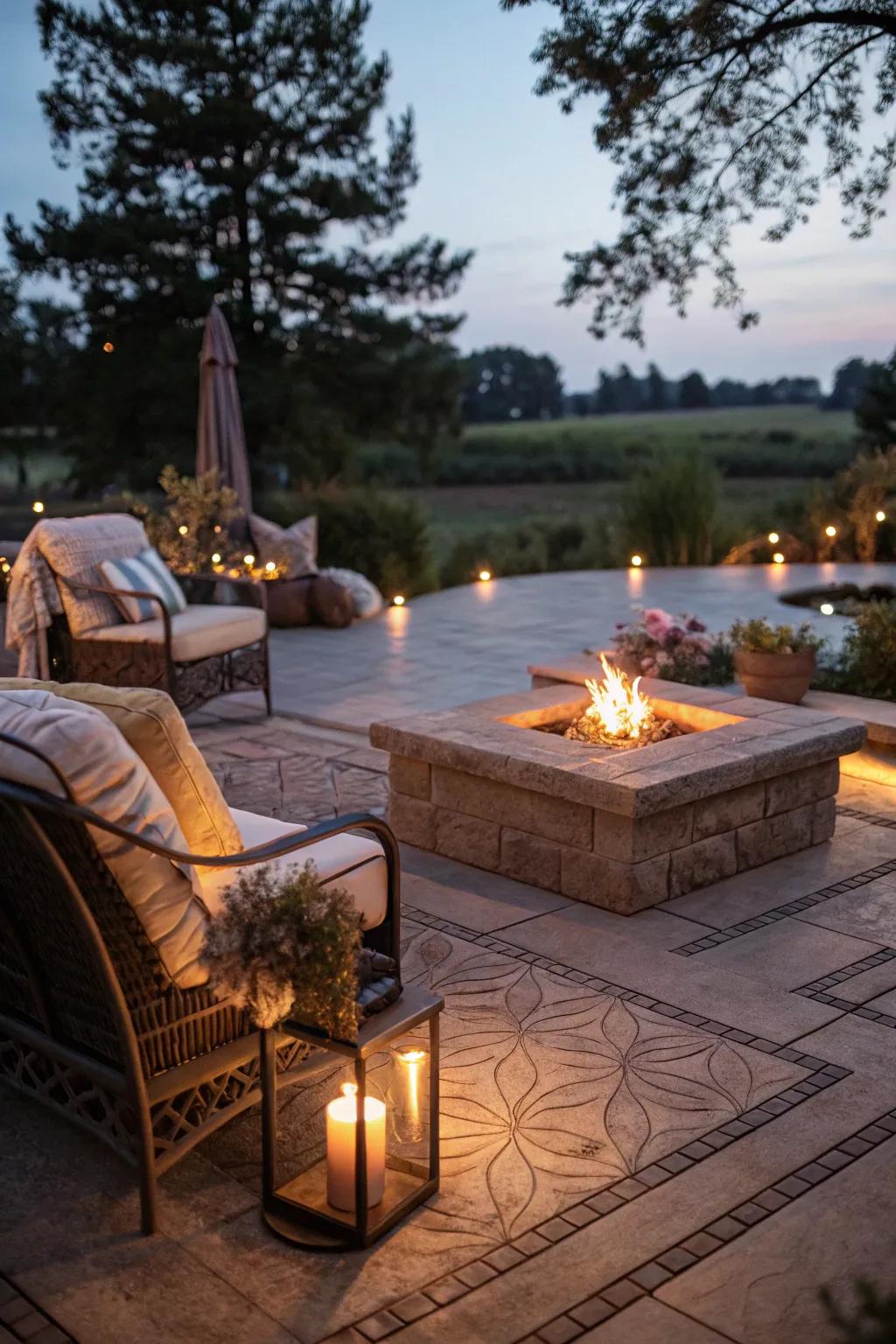 A cozy stamped concrete patio with a warm fire pit at its center.