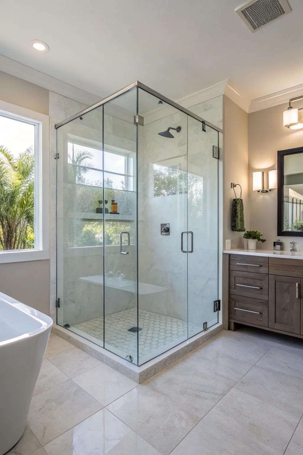 A frameless glass shower design that exudes elegance and maximizes space in a contemporary bathroom.