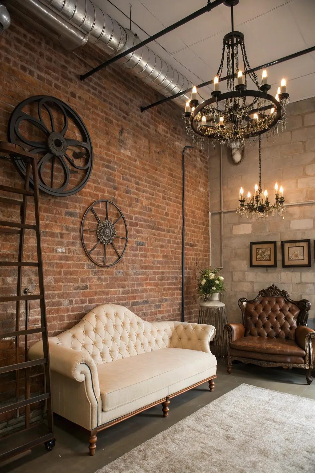 An uncovered brick facade offers the ideal setting for steampunk design.