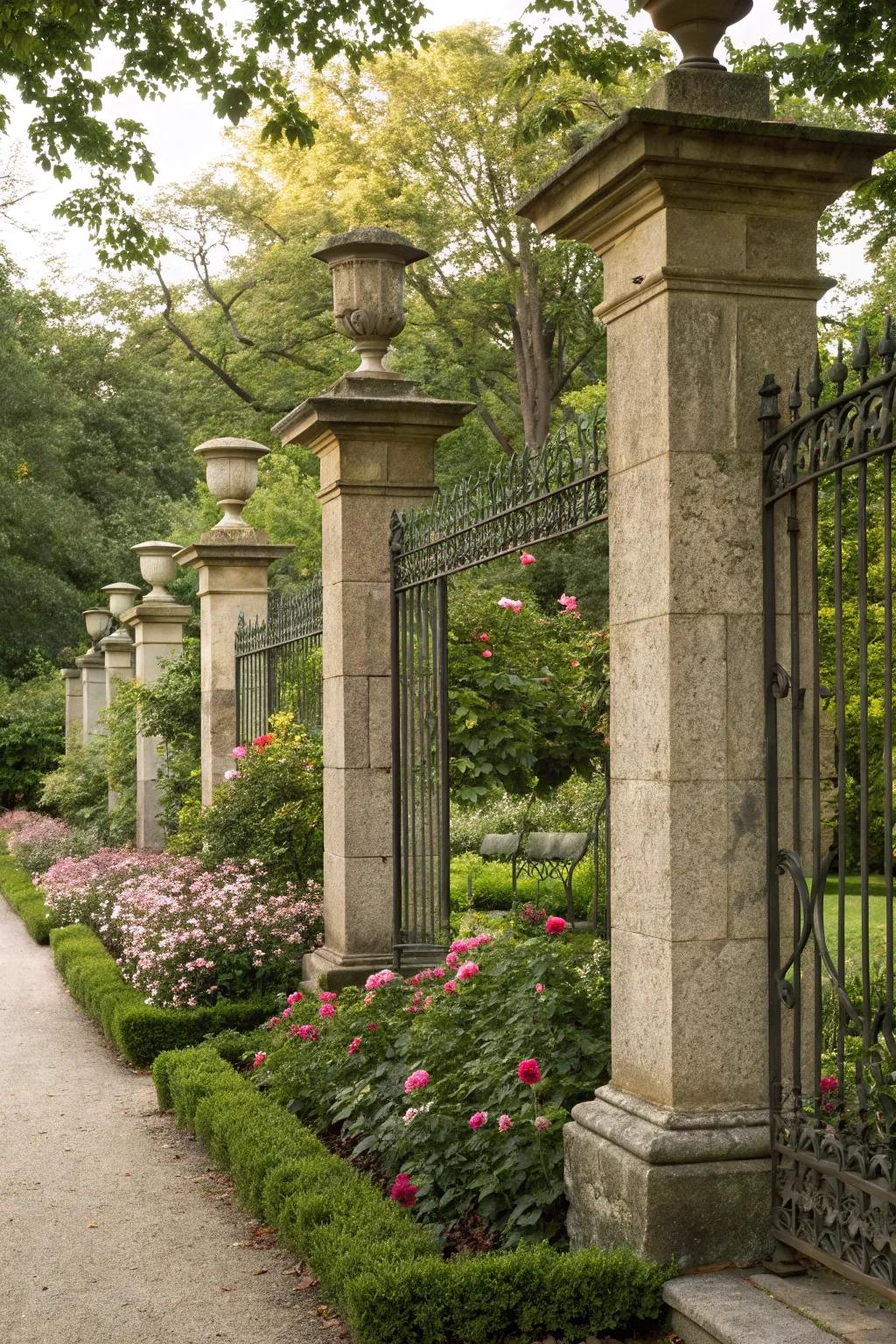 Stone pillars and elaborately designed iron railings coexisting in a garden setting.