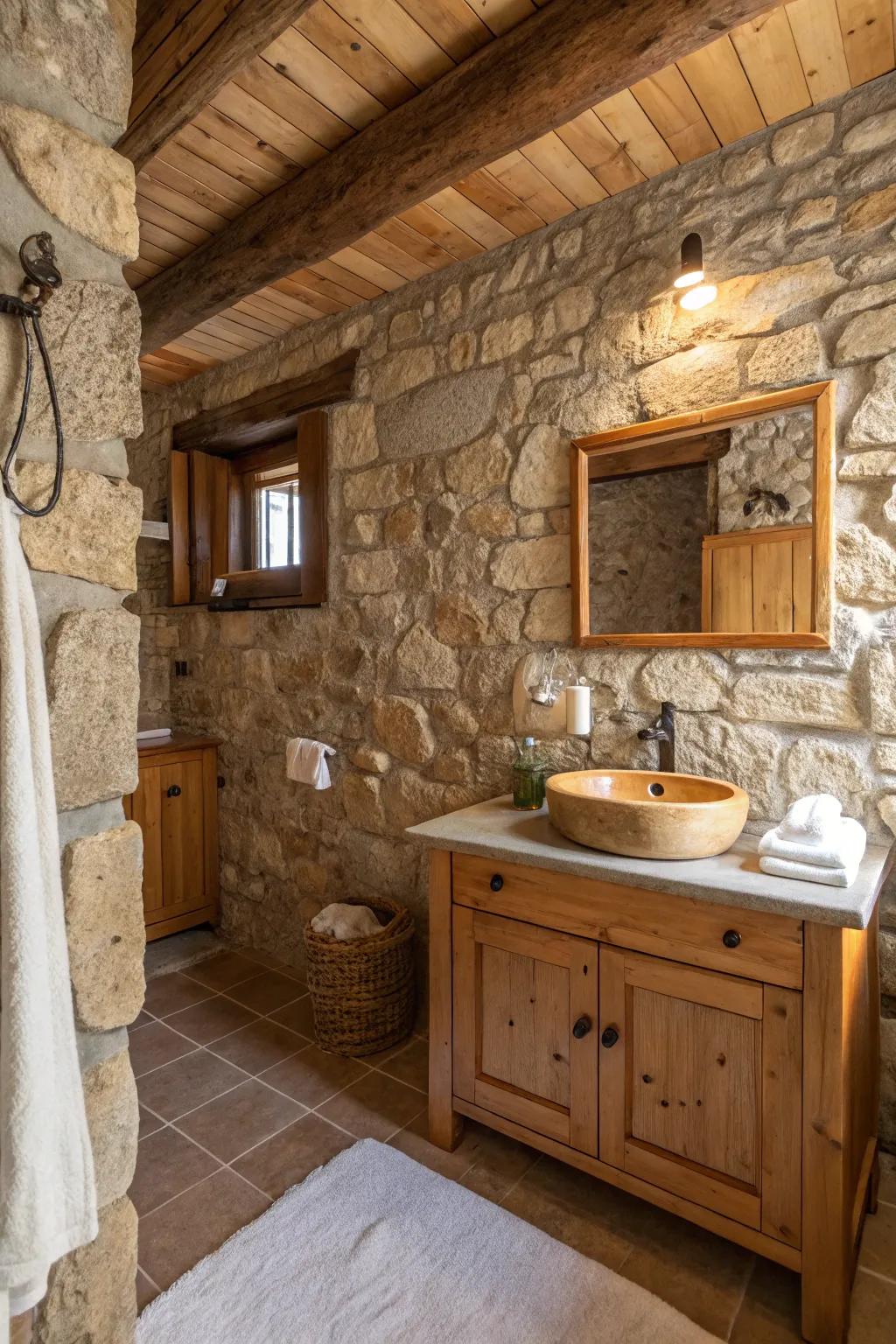 A rustic bathroom showcasing stone walls paired with inviting wood details.