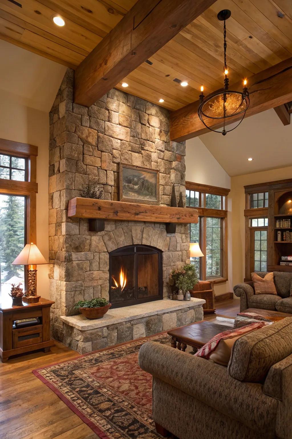 A rustic living area showcasing a stone fireplace with a recycled wood beam mantel.