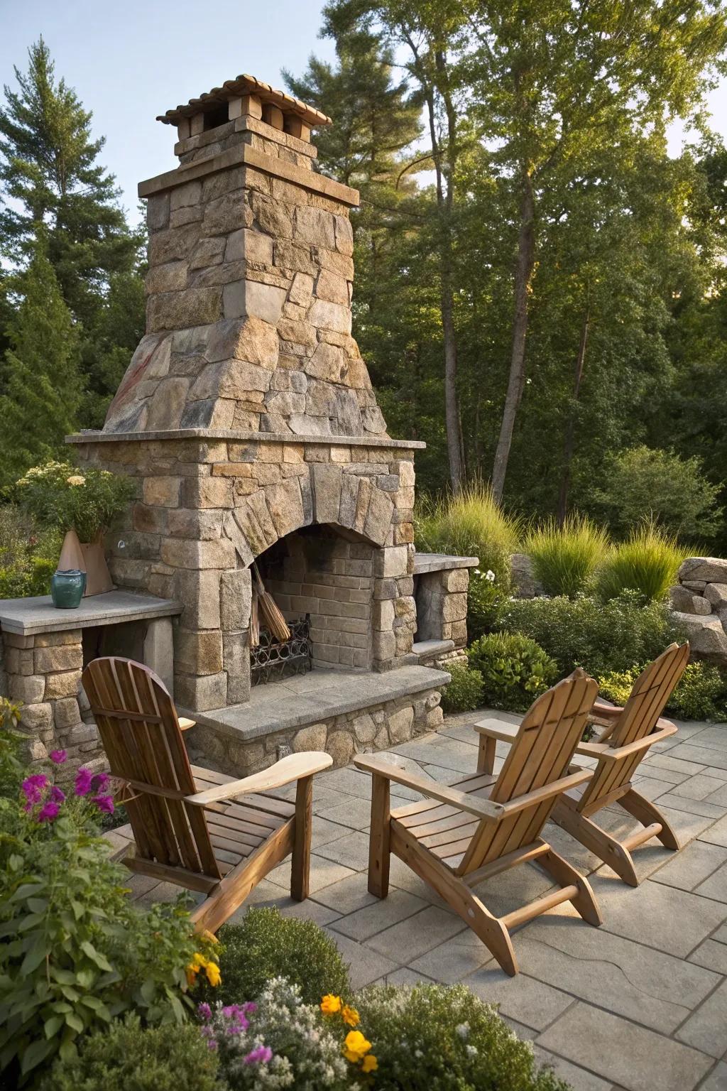 A rustic boulder stone fireplace that blends effortlessly with nature.