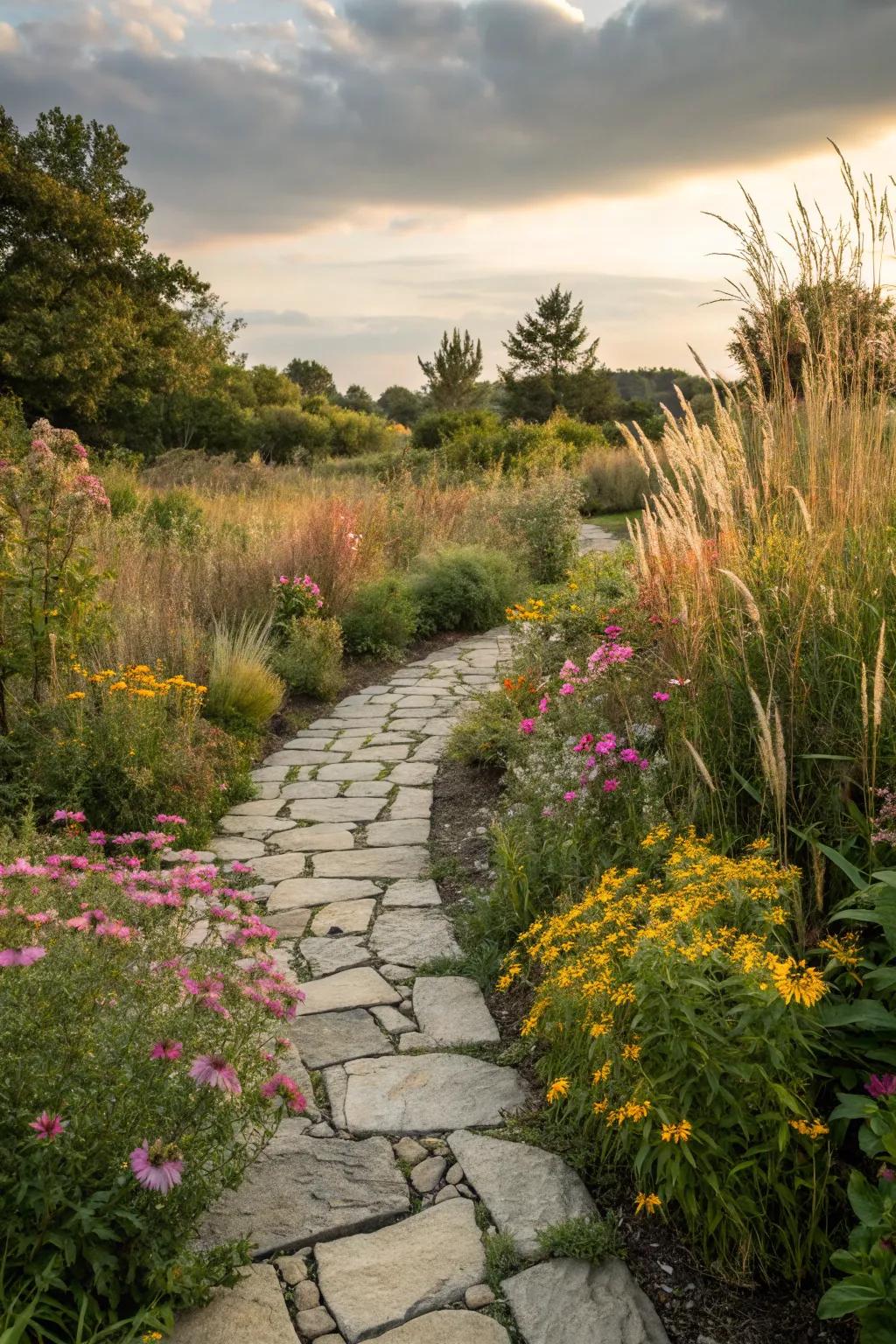 An earthy flagstone walkway introduces a natural charm to any garden setting.