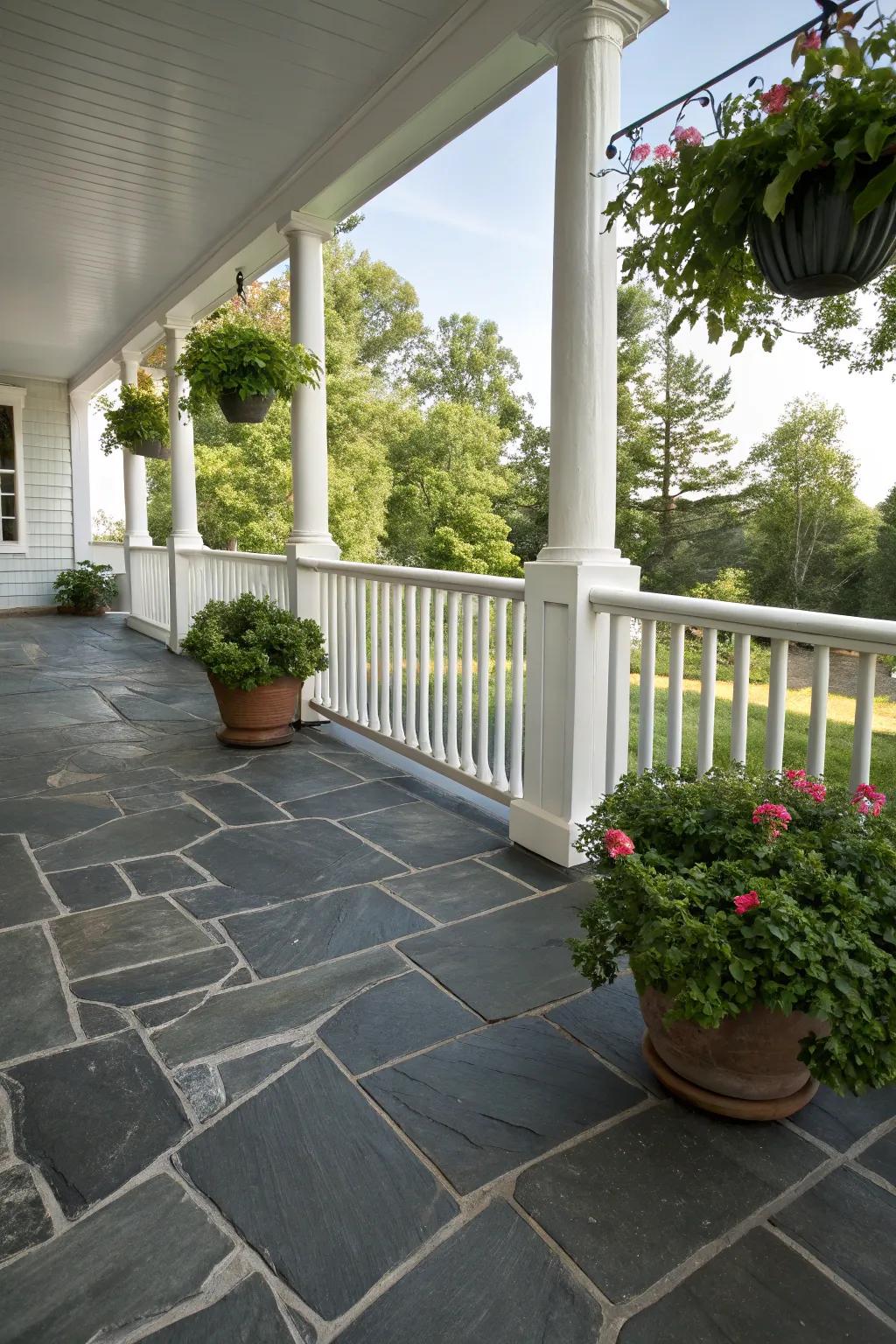 Slate flagstone imparts enduring sophistication to any porch space.