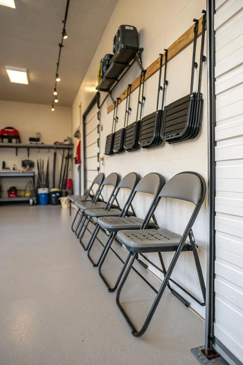 Use your wall space to the fullest with racks for your folding chairs.