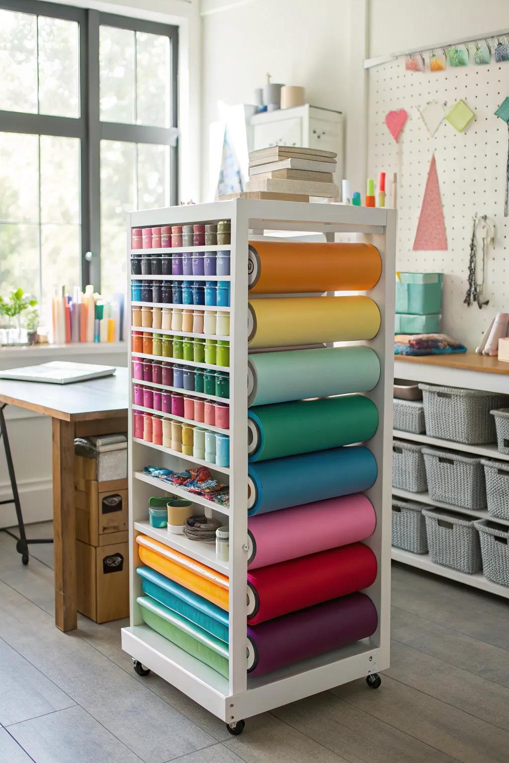 Upright storage units on wheels ensure vinyl is both organized and portable.