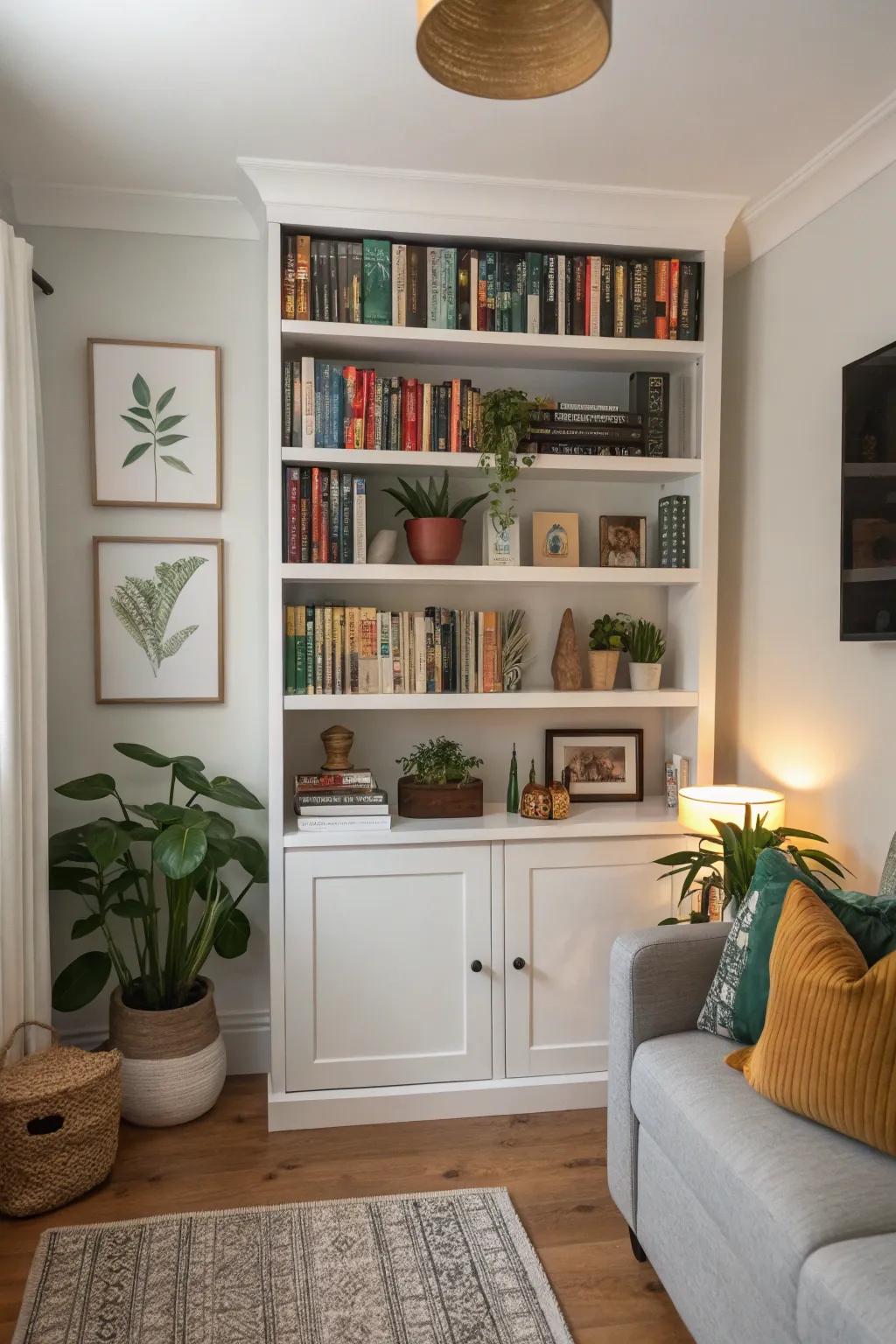 Bespoke wall shelves showcase an assortment of books and decorations.