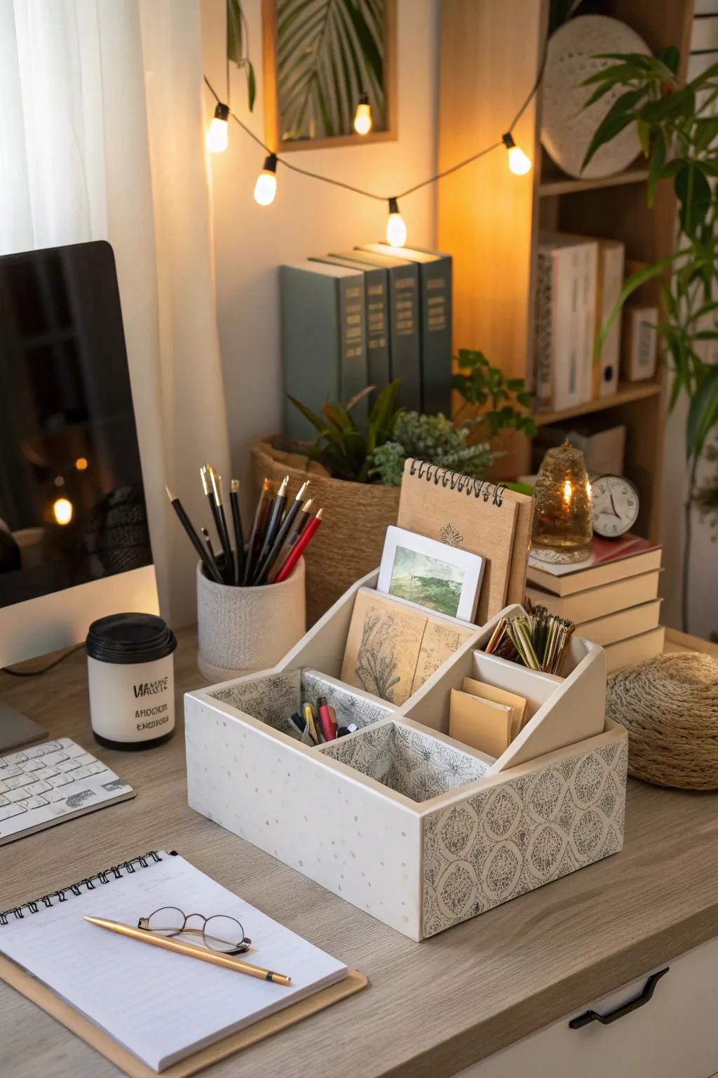 A tidy workstation with elegant organizers on the desk in the home office.