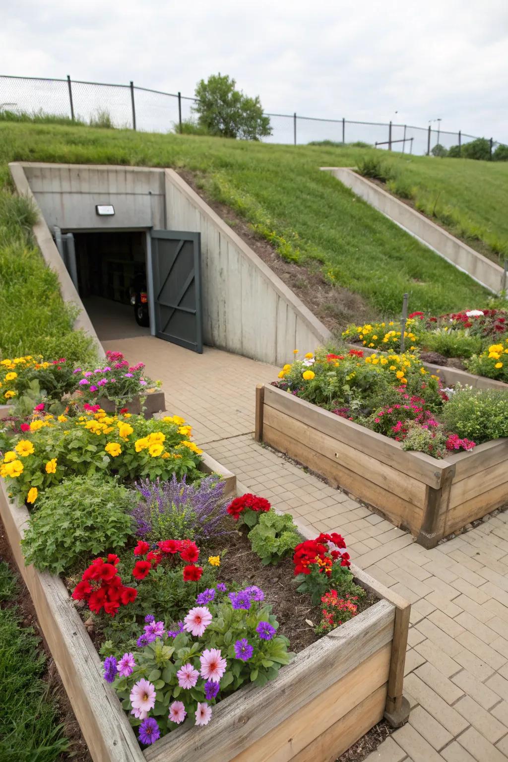 Elevated gardens infuse your storm shelter surroundings with design and charm.