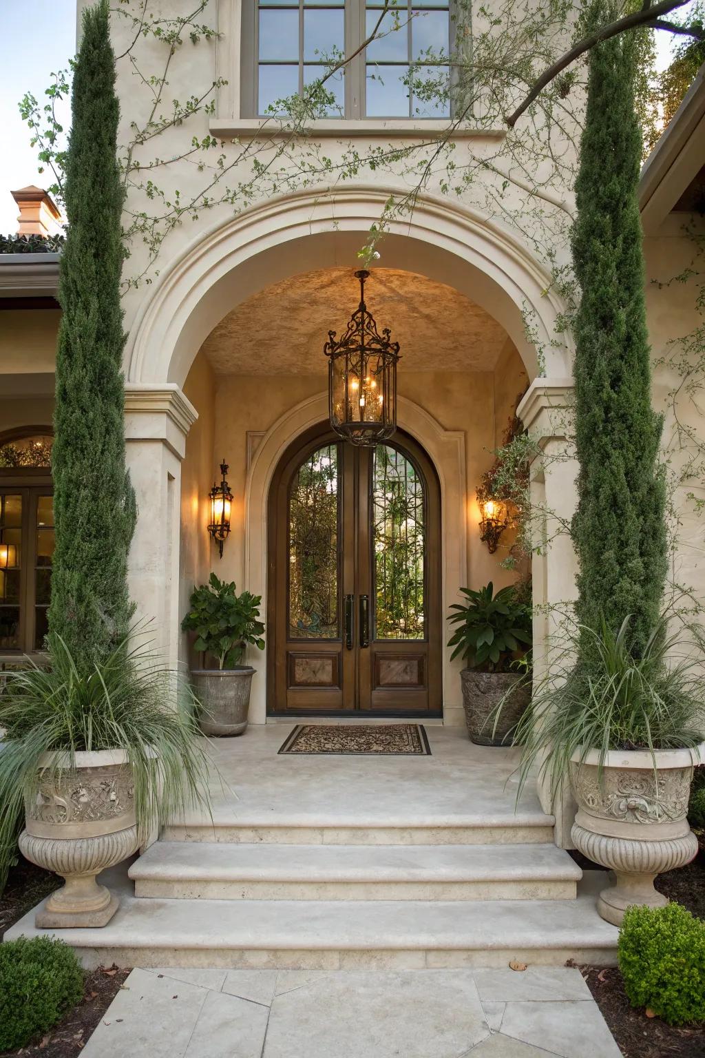 An impressive entryway featuring an arched doorway, elevating the porch's charm.