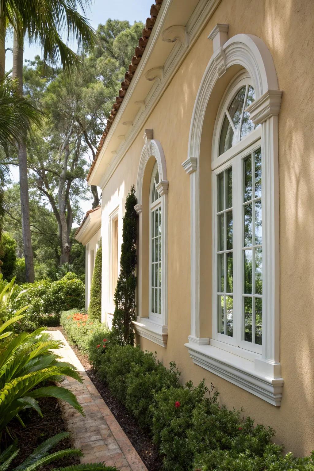 Classic white trims emphasize the sophistication of this Mediterranean-inspired stucco home.