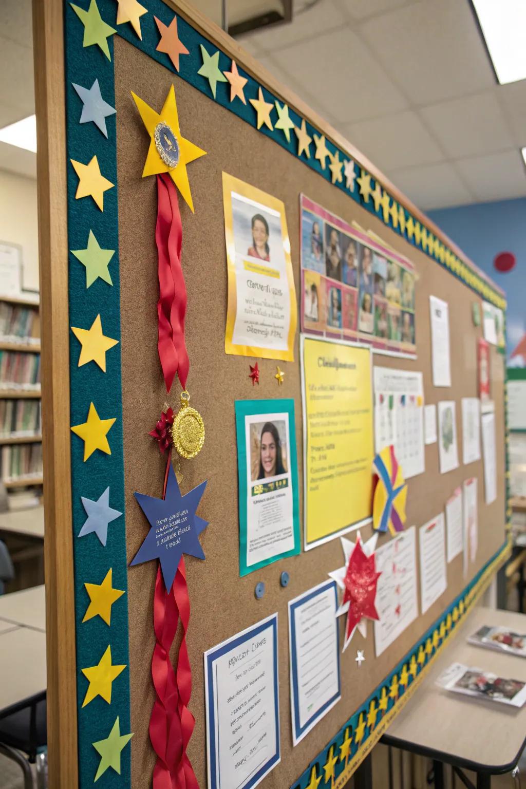 Showcasing successes with vibrant stars and ribbons.