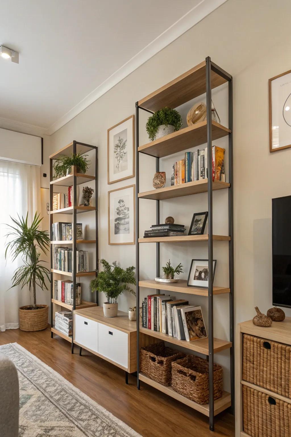 High shelves maximize height, enhancing both storage and visual appeal.