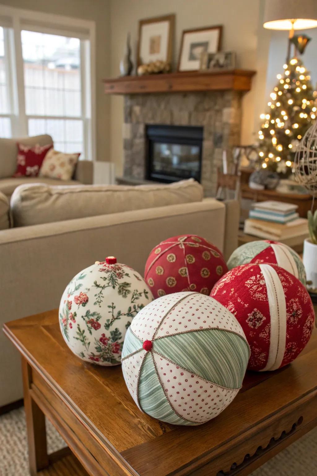 Elegant fabric-wrapped styrofoam ball ornaments add a personal touch.