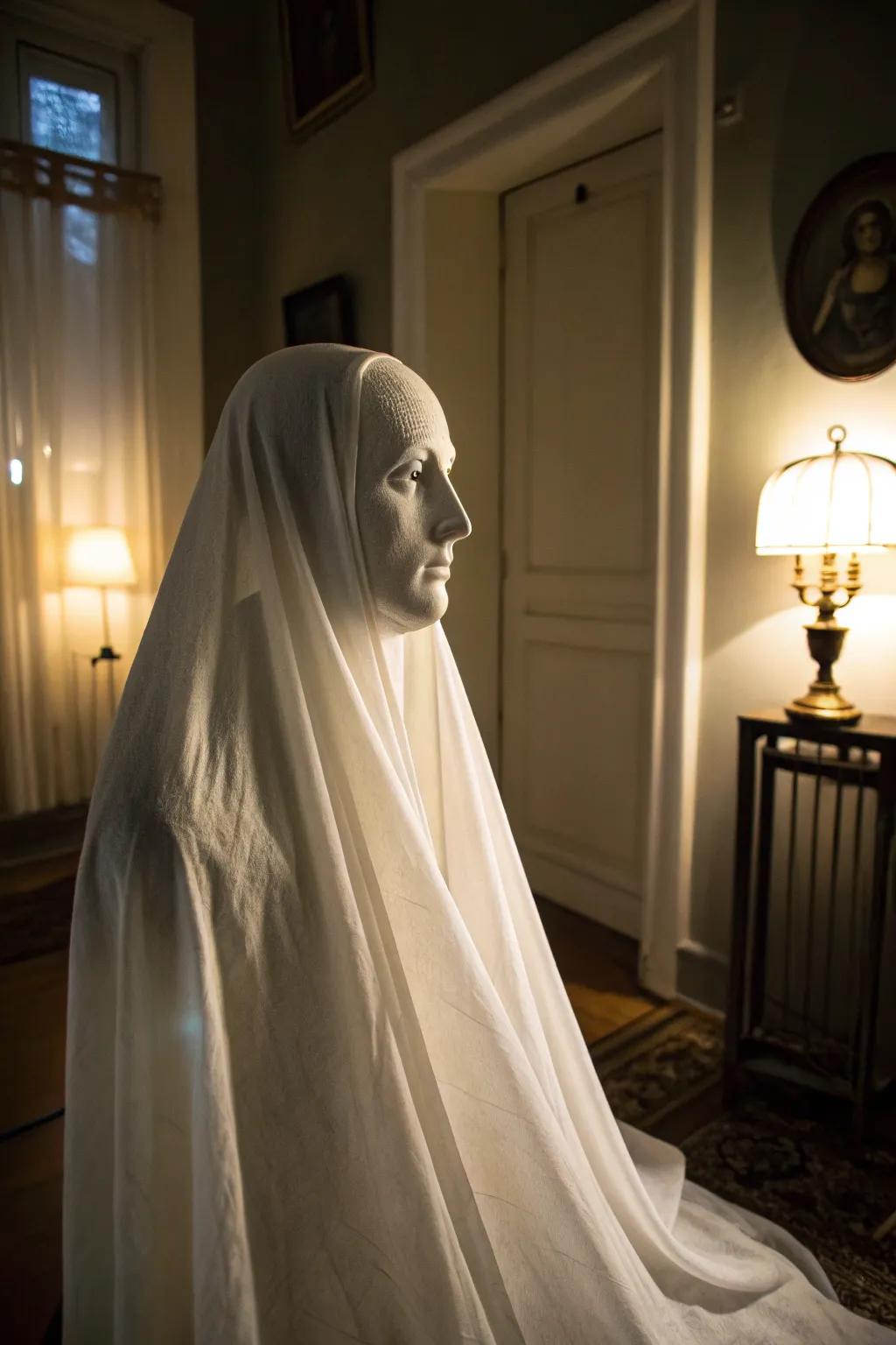 A spectral head covered in material, ideal for a chilling ambiance.