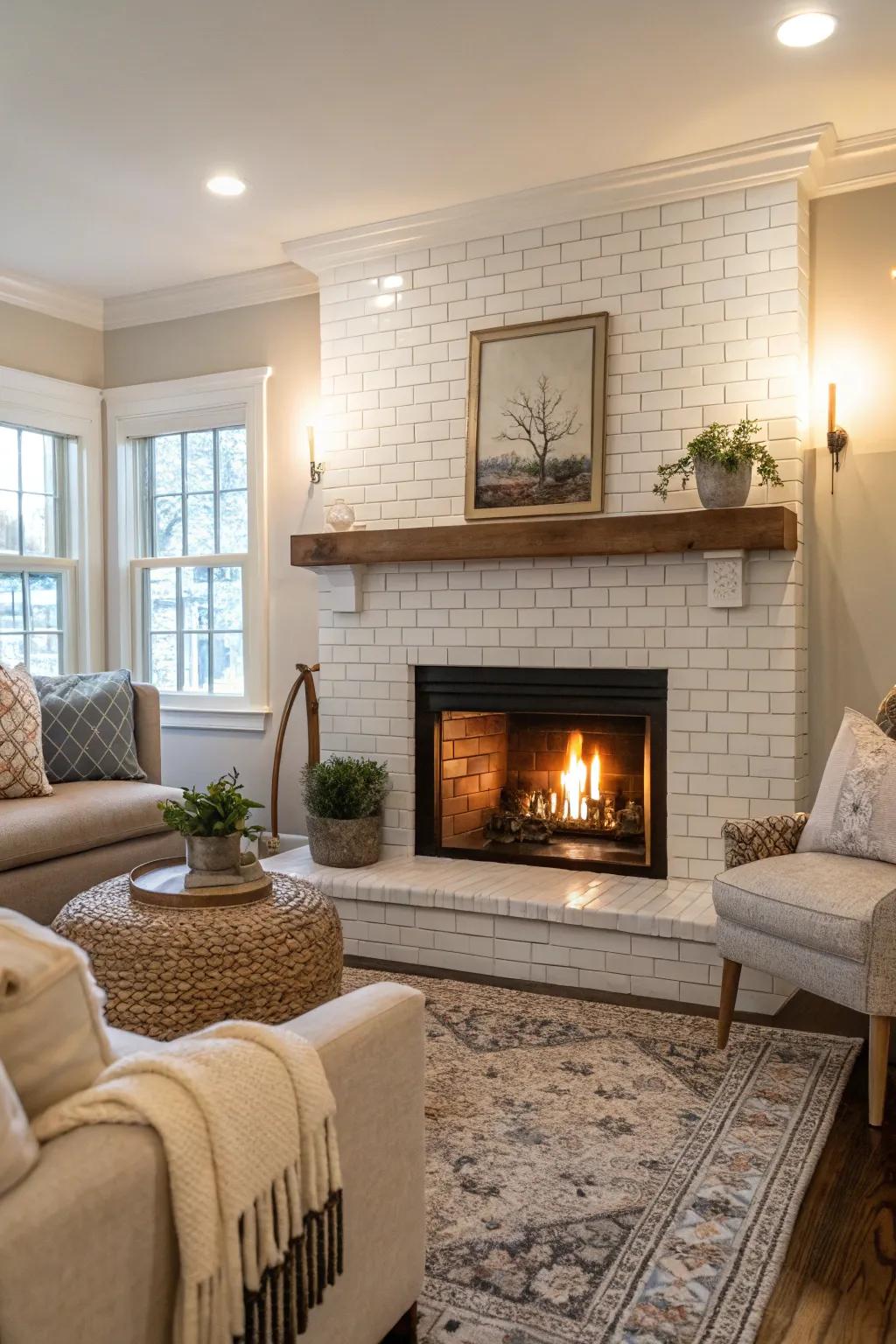 A classic white rectangular tile fireplace infuses timeless sophistication into any room.