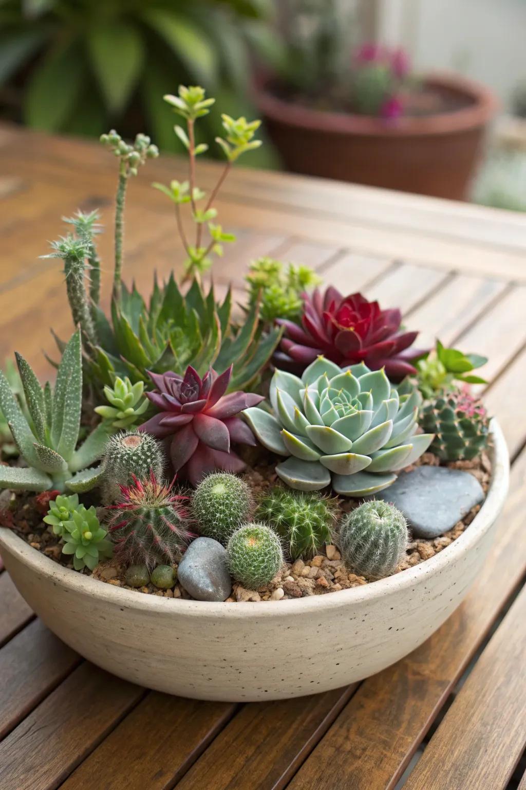 A combination of rosette and trailing succulents along with miniature cacti in a dish garden.
