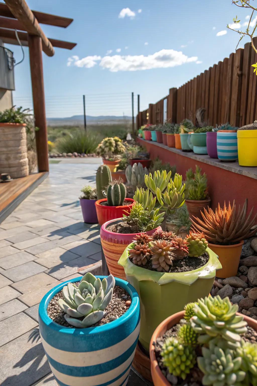 A lively array of succulents presented in an assortment of colorful containers on a veranda.
