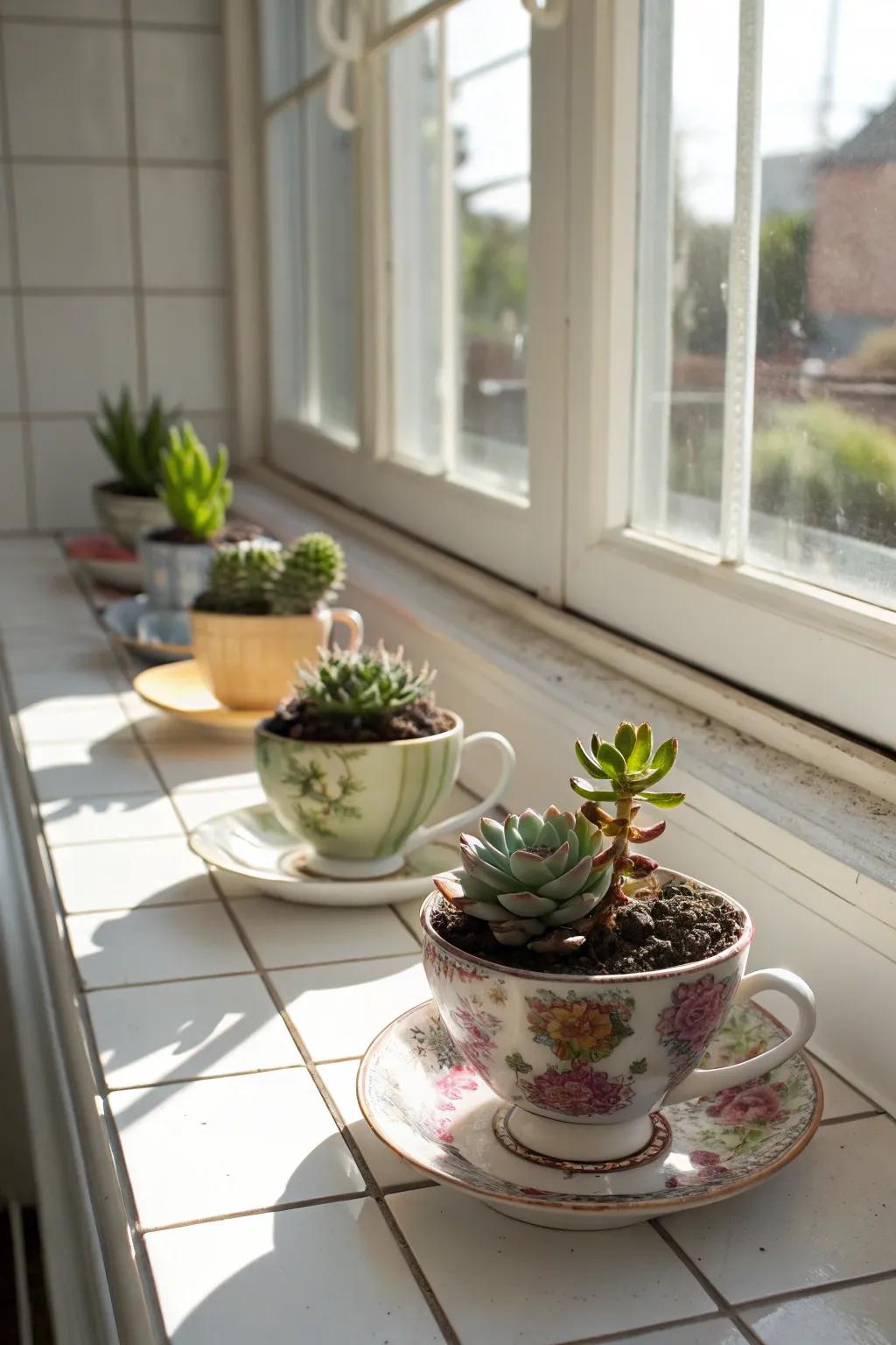 Adorable vintage teacup gardens bring elegance to any corner.