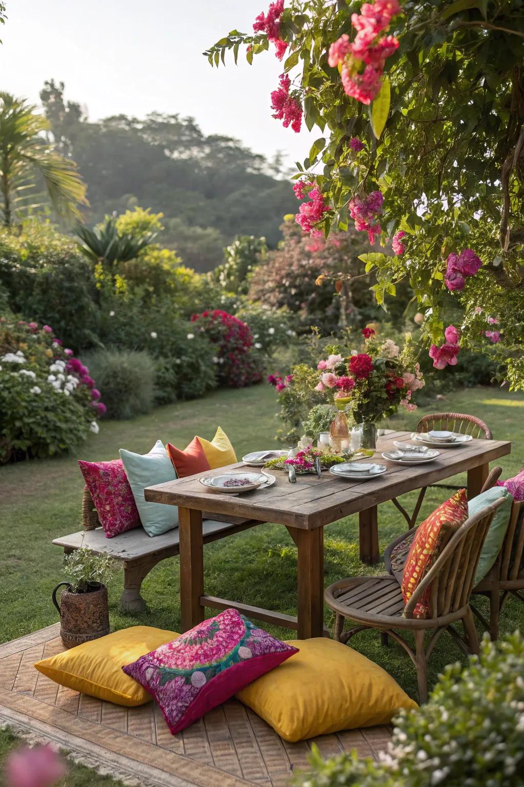 Savor delicious food among the blooms with a beautiful garden dining setting.