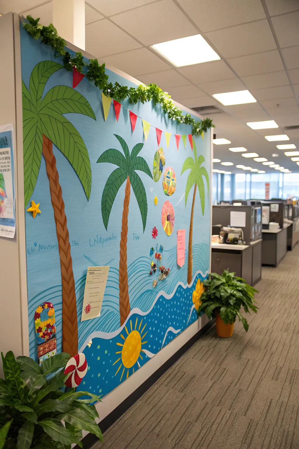 Create a tropical escape with palm trees and ocean waves.