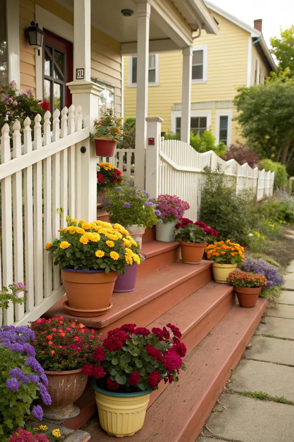 A vibrant array of flora vessels brings a burst of color to any porch area.