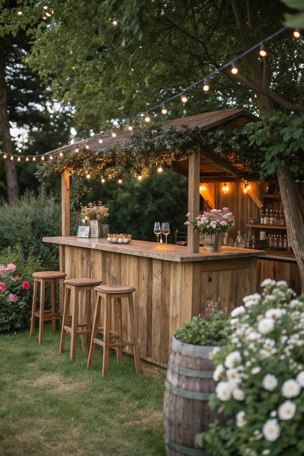 A wood bar decorated with string lights creates a cozy and welcoming atmosphere.
