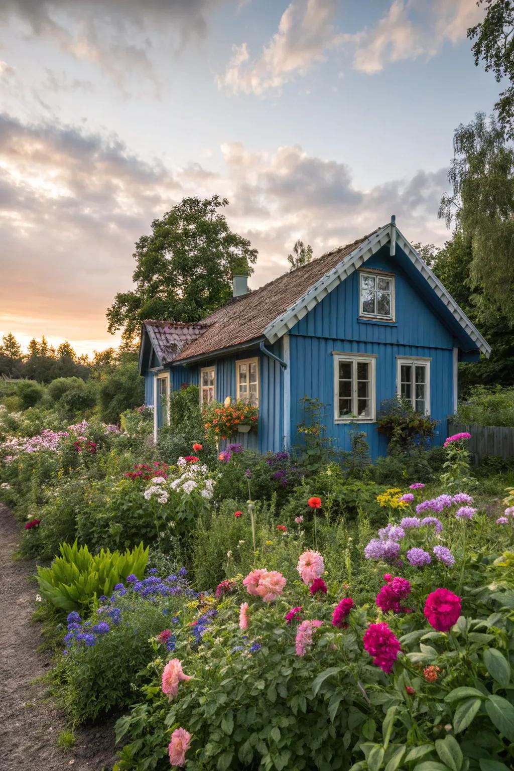 A summer house in bold blue stands out wonderfully amid a vibrant yard.