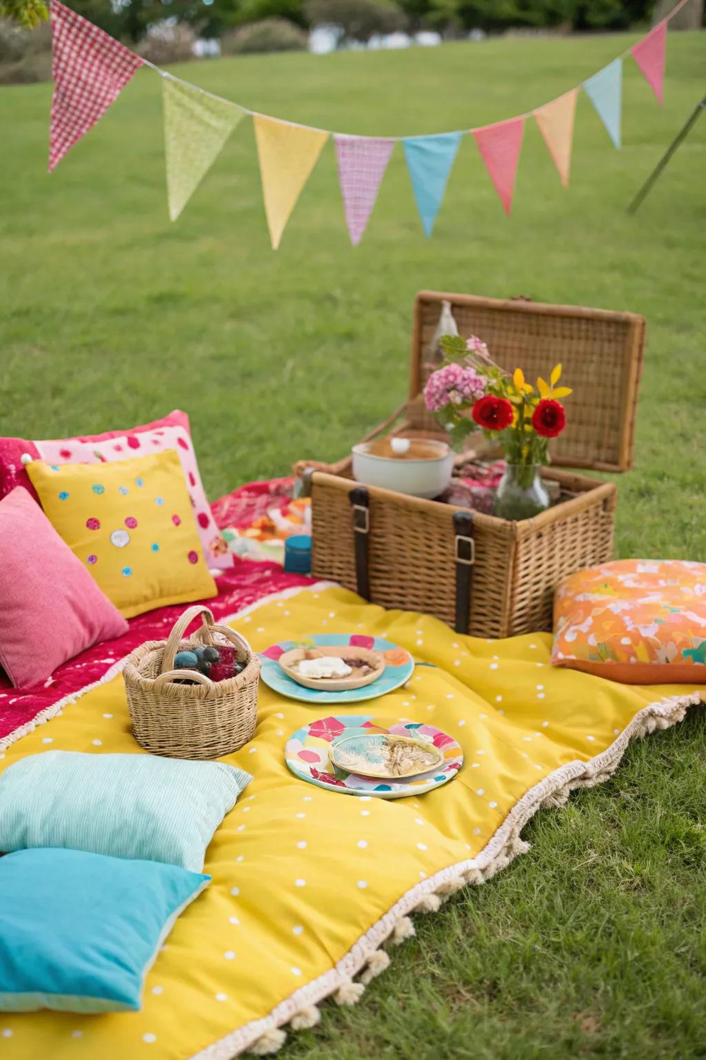 A picnic bursting with lively colors and inviting seating