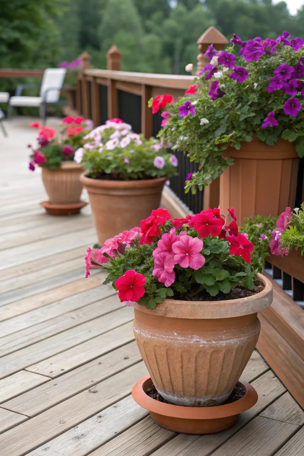 Terracotta pots showcasing bright petunias and geraniums