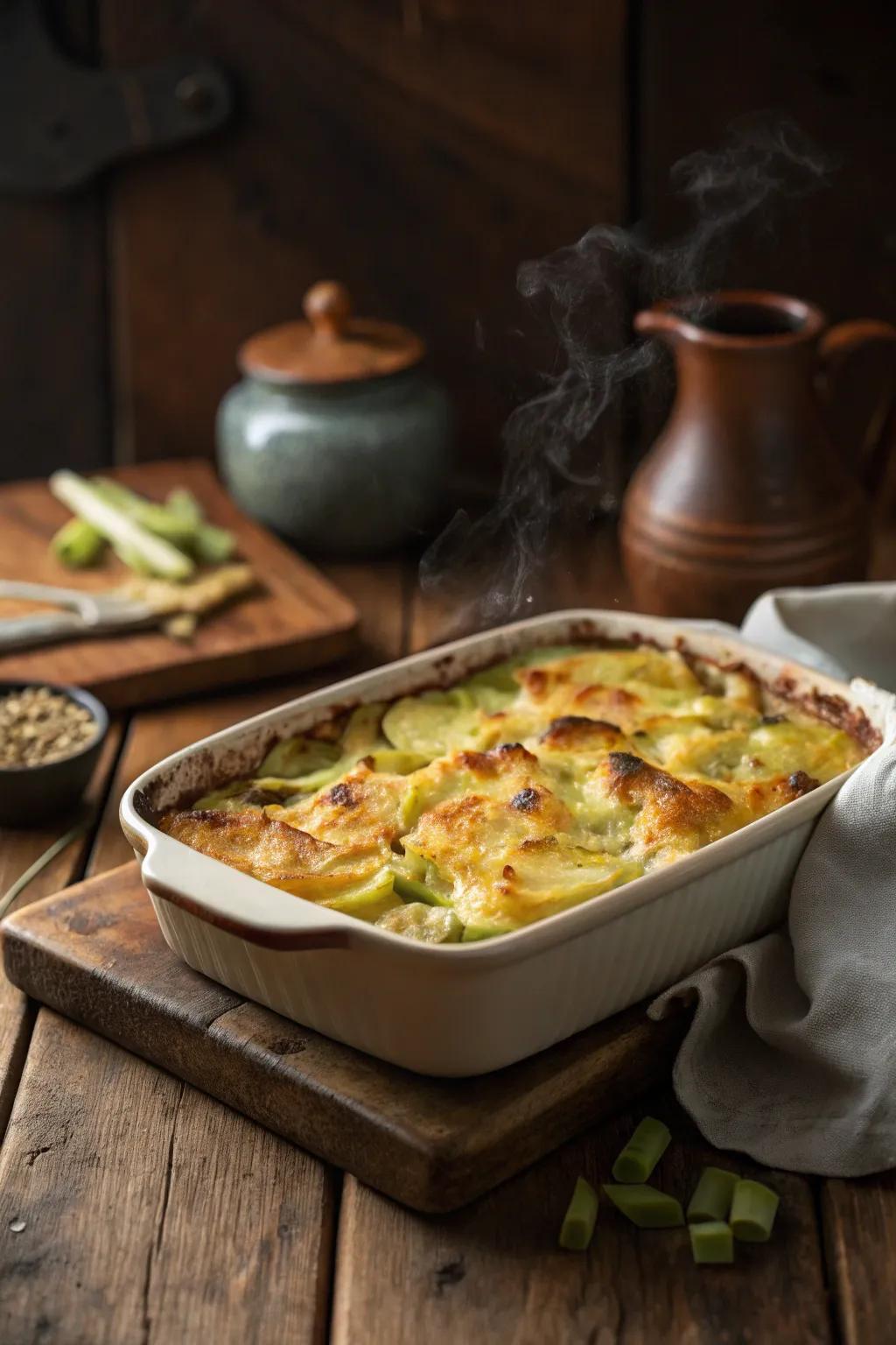 Golden cheesy potato and leek casserole, perfect for a cozy Sunday.